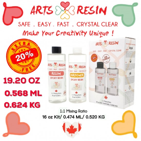 Offer extra 20% ( 0.568 ml )Arts Resin Kit 16 onz / offer 20% more than the original quantity / 0.568 ml/ 0.624 kg Offer extra 20% ( 0.568 ml )Arts Resin Kit 16 onz / offer 20% more than the original quantity / 0.568 ml/ 0.624 kg